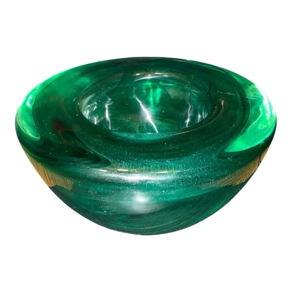 Vintage KOSTA BODA Emerald Green Swirl Glass Atoll Votive Holder Paper Weight